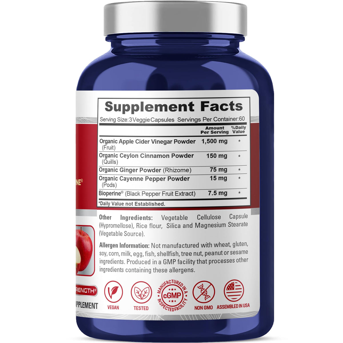 NusaPure Apple Cider Vinegar Complex bottle highlighting Ceylon cinnamon and ginger ingredients for metabolic wellness.