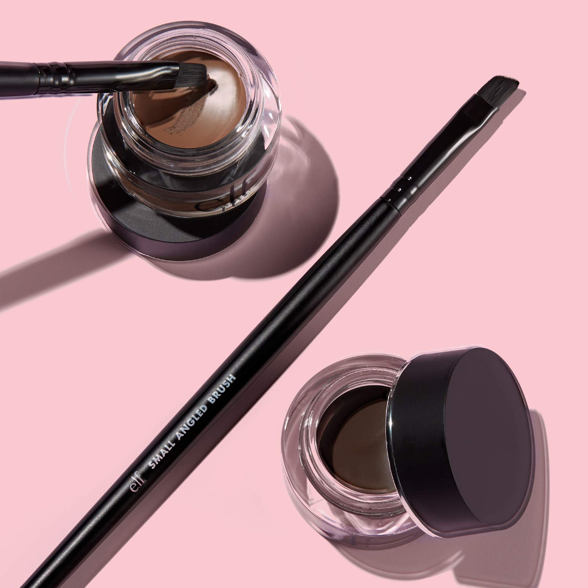 Close up view of the black animal hair free bristles on the elf eyebrow brush