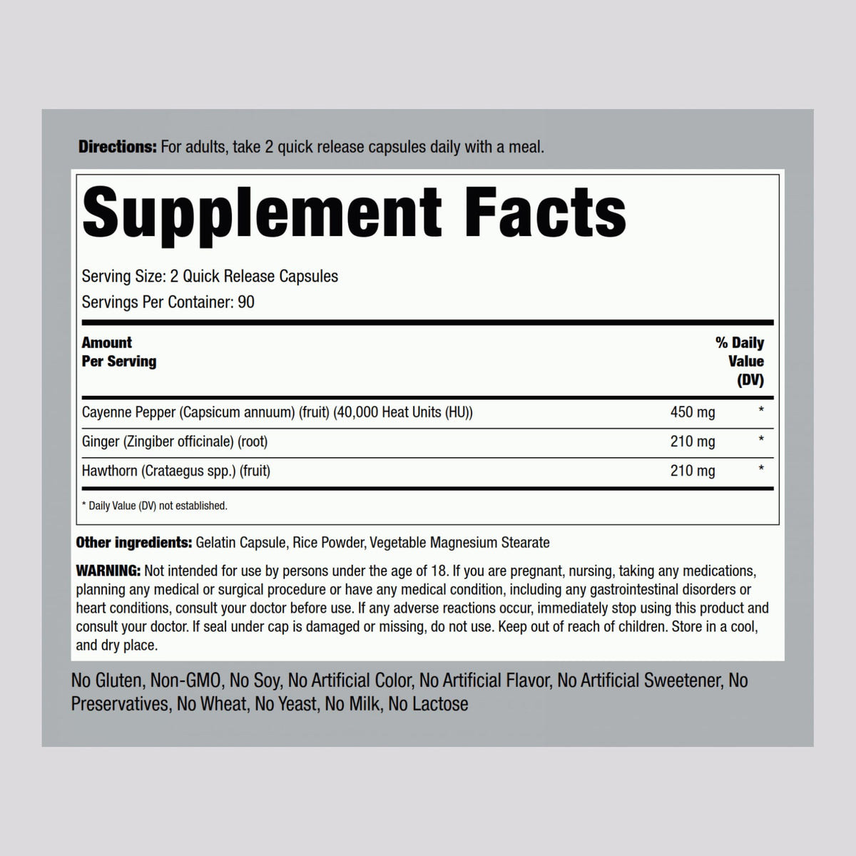 Piping Rock Ultra Max Cayenne Plus packaging showing supplement facts label and 450 mg serving size details