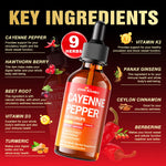 Side angle of the 2 fluid ounce JOHN RAMBO cayenne pepper extract dropper bottle highlighting heart wellness ingredients.