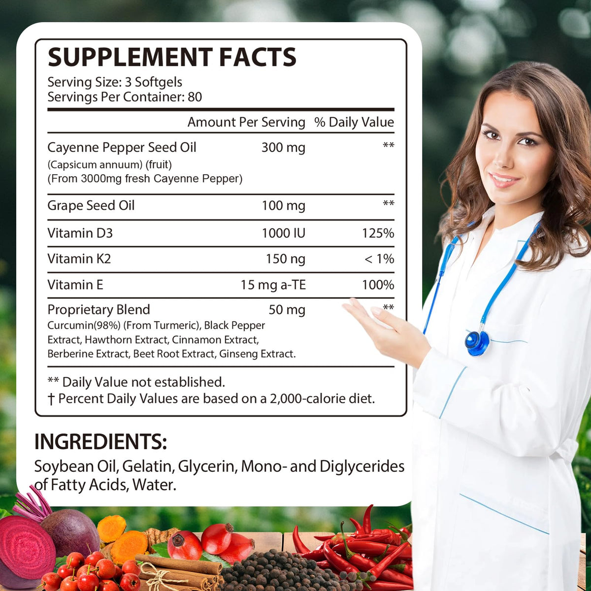 Flasture cayenne pepper 240 softgels bottle back label detailing proper usage guidelines.