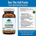 Pure Mountain Botanicals cayenne pepper supplement label showing ingredient facts and kosher certifications