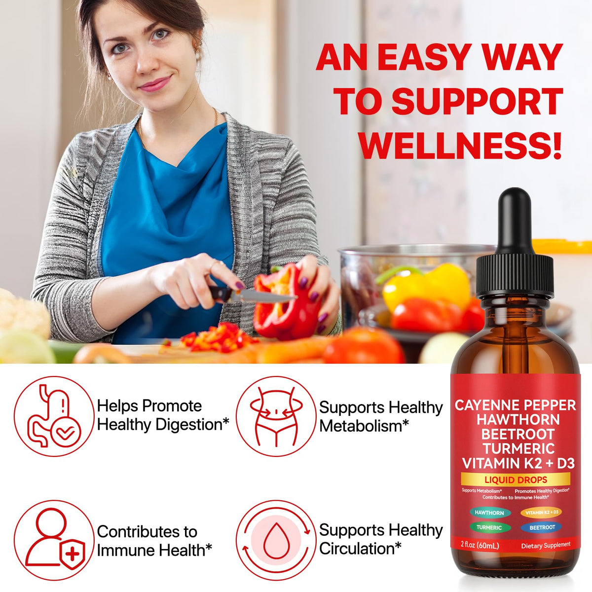 Vegetarian friendly non GMO USA imported wellness drops packaging close up.
