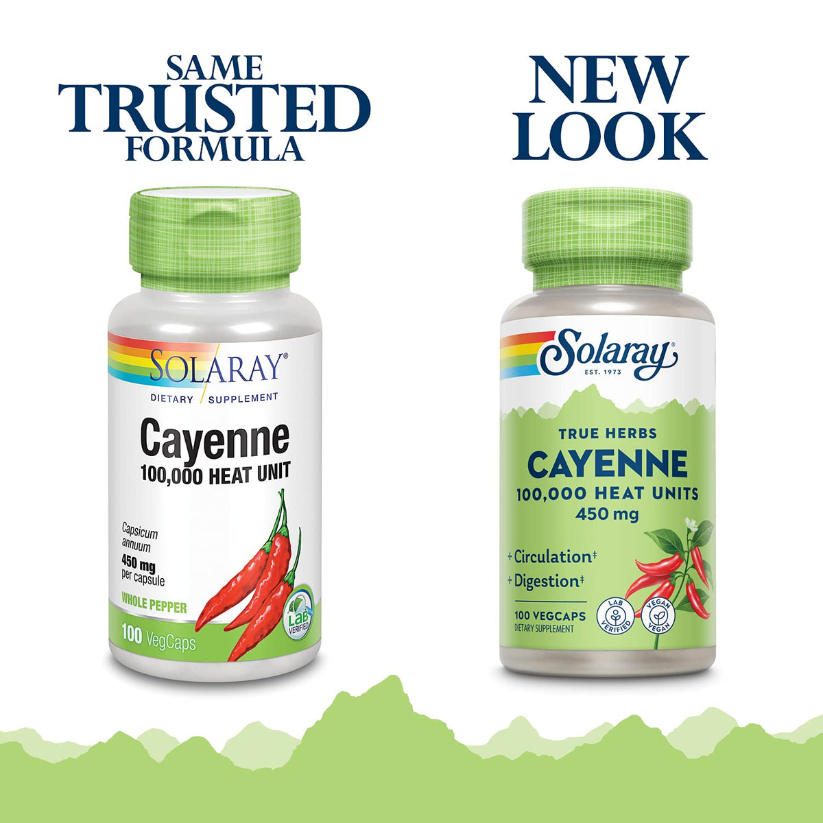 Solaray Cayenne Pepper 450 mg vegan dietary supplement side label displaying capsaicin serving facts.