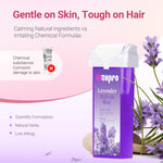 Applying roll on lavender wax evenly onto legs for smooth hair removal