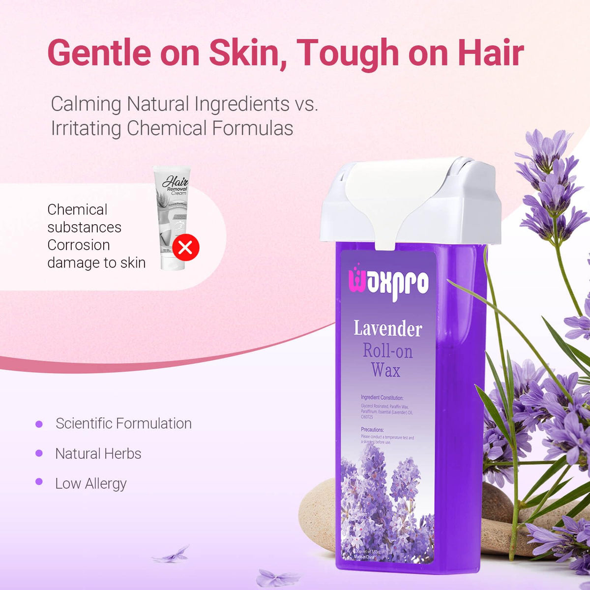 Applying roll on lavender wax evenly onto legs for smooth hair removal