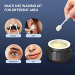 Foneso portable face waxer kit package containing one hundred grams of hard wax beads and specially shaped wooden applicator sticks