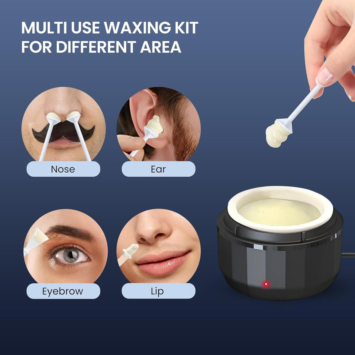 Foneso portable face waxer kit package containing one hundred grams of hard wax beads and specially shaped wooden applicator sticks