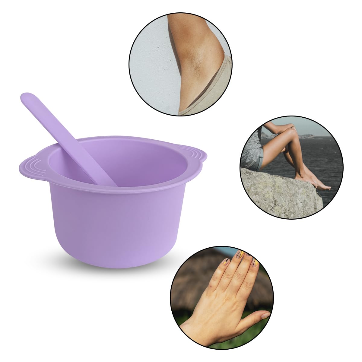 Complete KVZVK purple hair removal kit components including reusable silicone pot and stirring stick