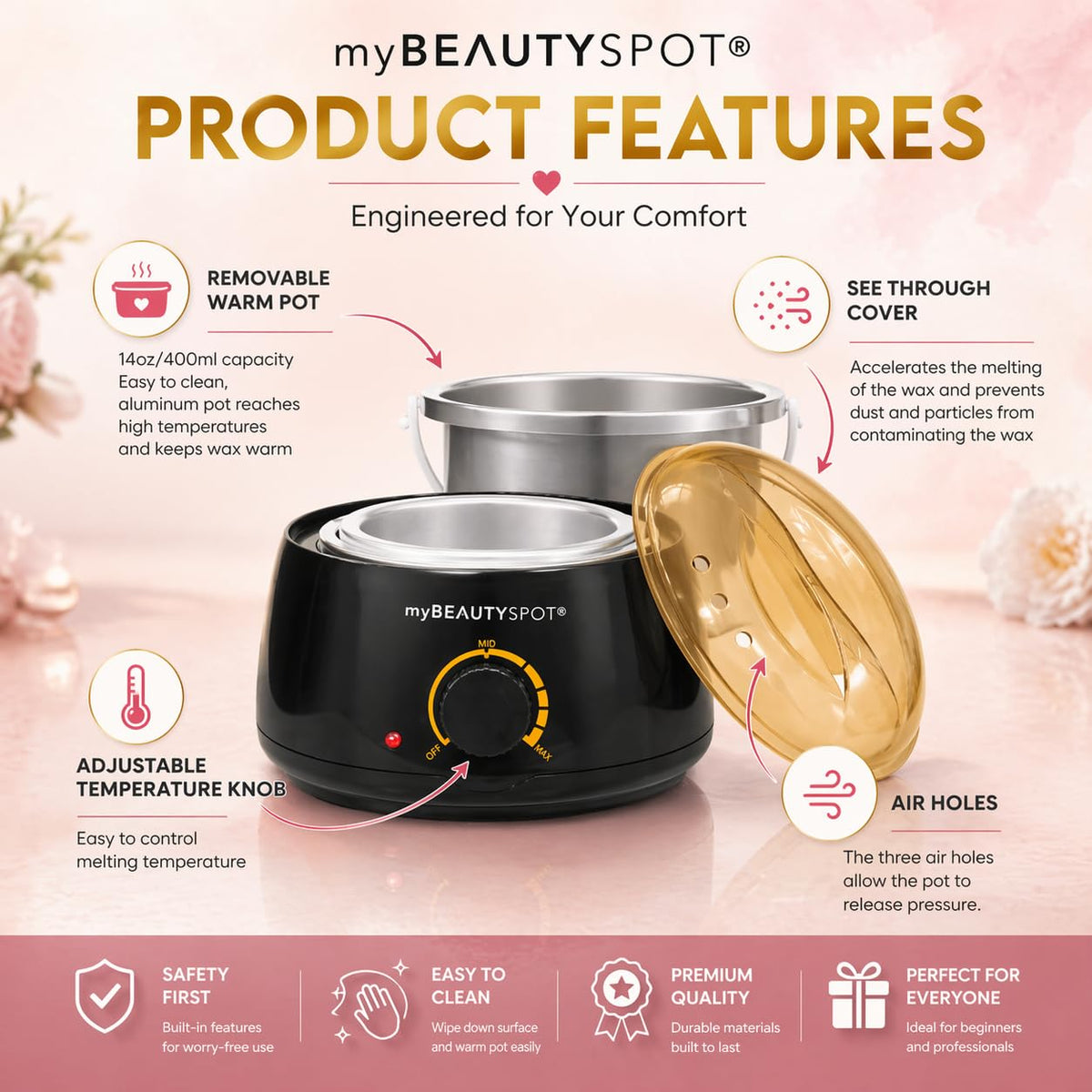 Exfoliating honey hard wax beads pouring into the electric melting device