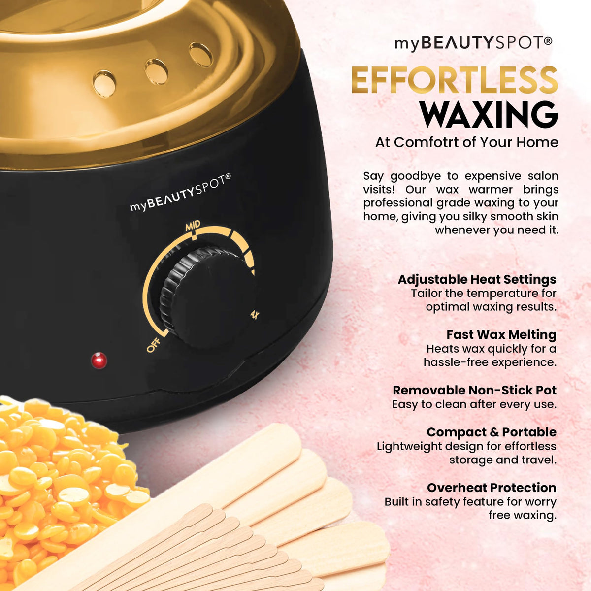 Complete My Beauty Spot waxing system contents showing warmer beads and sticks