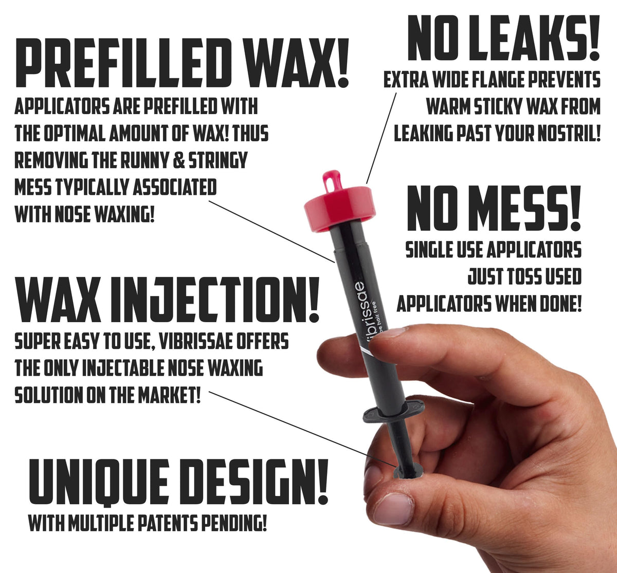 Vibrissae signature series packaging showing simple inject let set pull steps for use