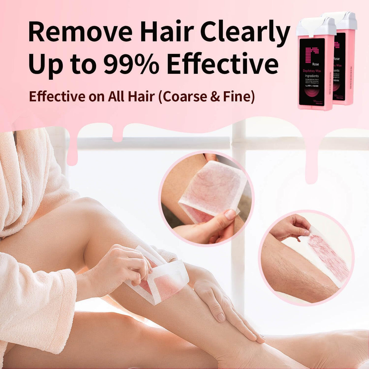 Rose roll on hair removal wax cartridges packaging contents including wipes and strips