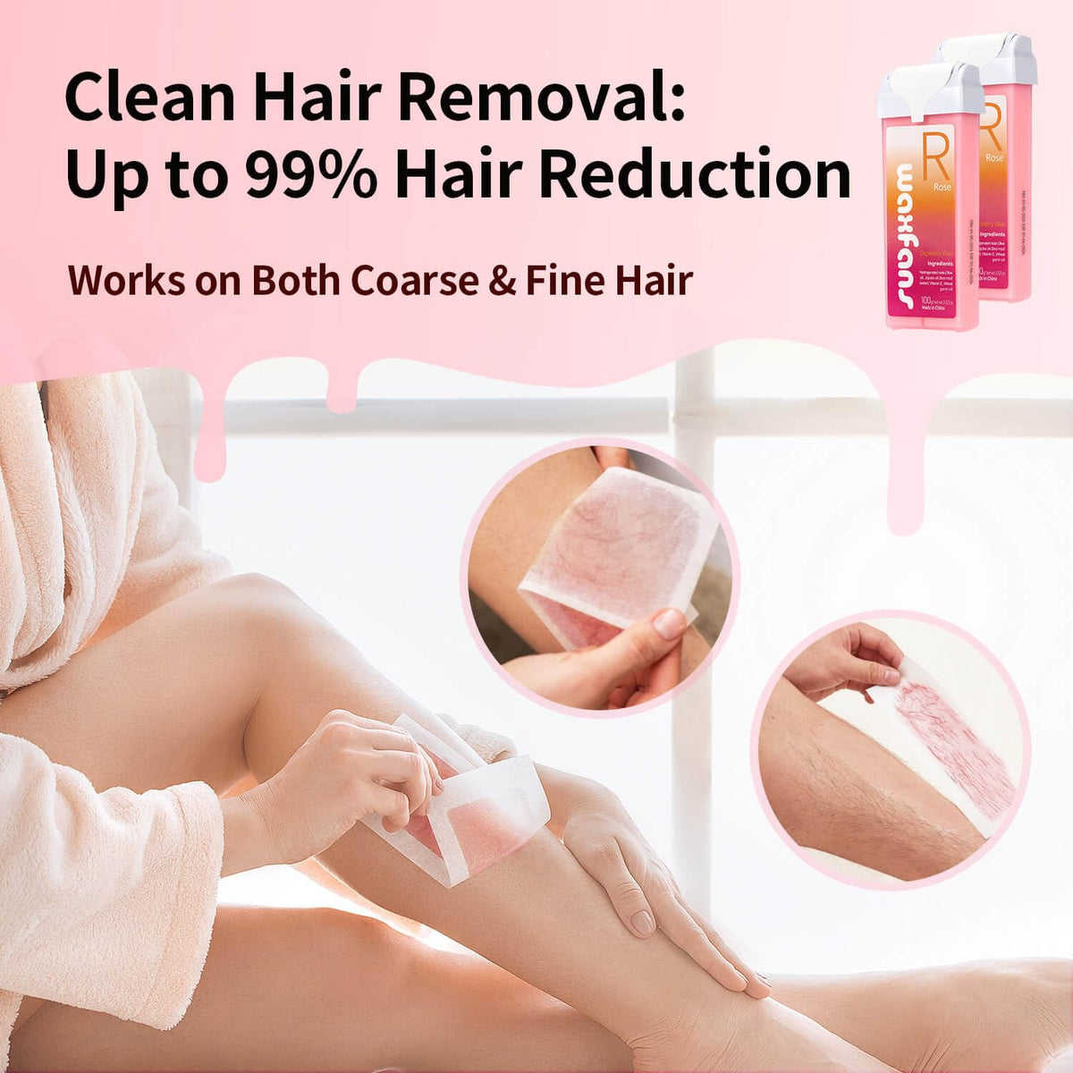 Waxfans natural rose waxing cartridge refills demonstrating the quick melting roll on head design