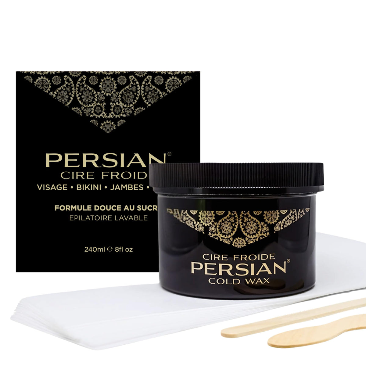 Persian Cold Wax Kit with sugar wax jar reusable fabric strips and wooden applicators displayed