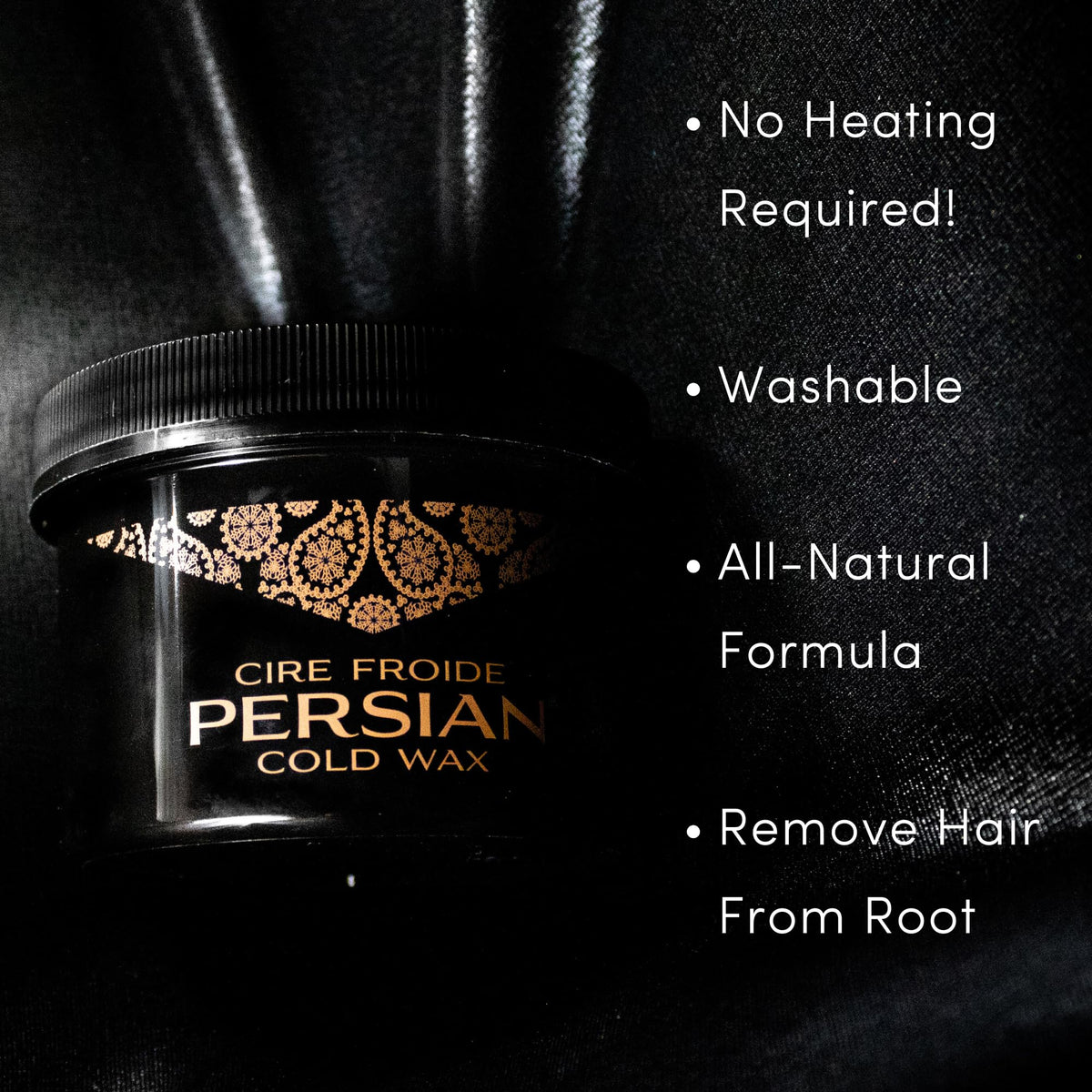 Close up of the imported Persian sugar wax jar highlighting the natural formulation details