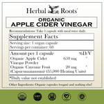 Herbal Roots 650 milligrams apple cider vinegar with mother and cayenne supplement facts label