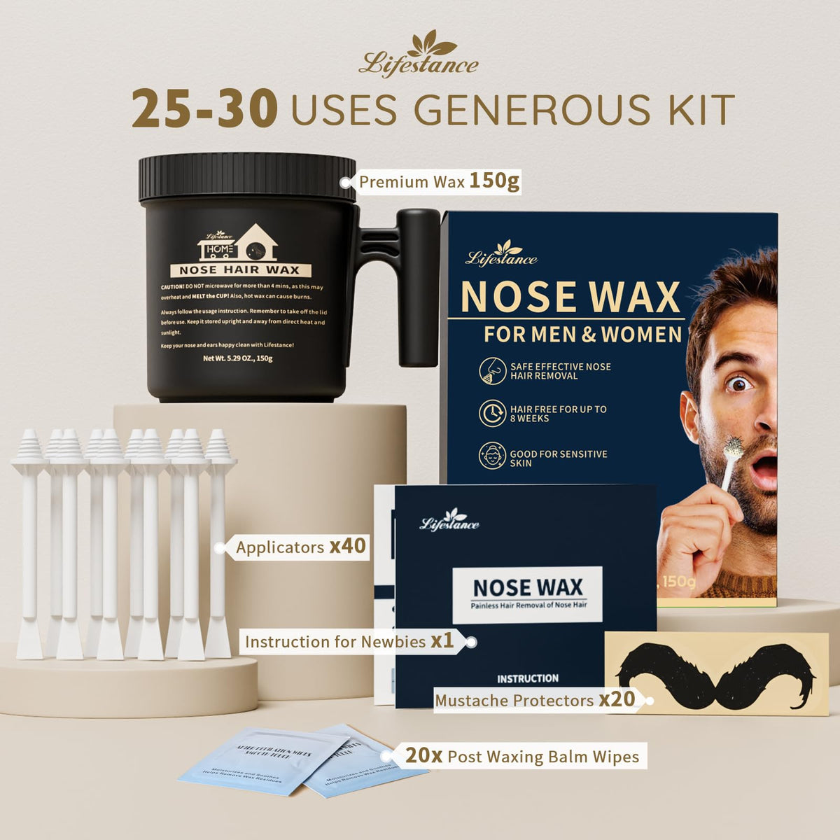 Lifestance large capacity nose hair waxing kit with forty stick applicators