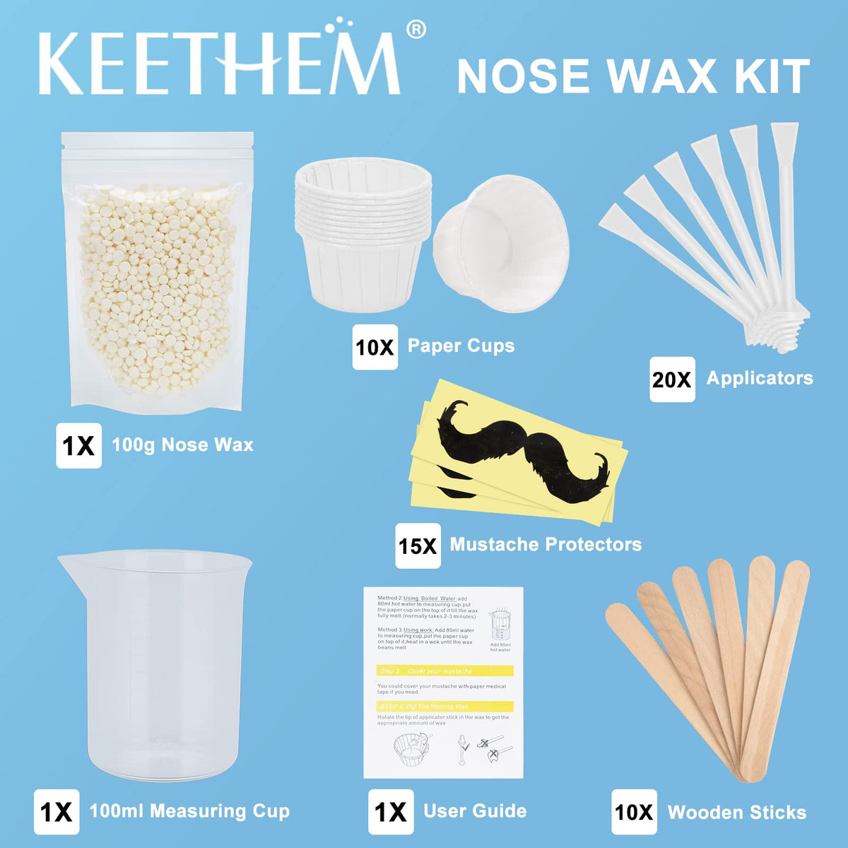 Complete contents of the imported grooming set including wax applicators and mustache guards.