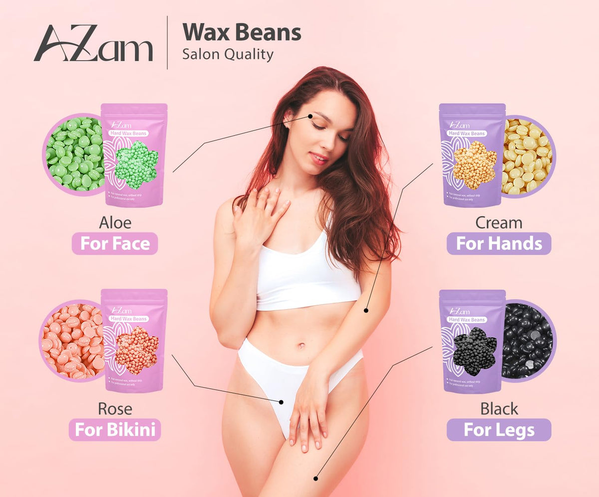 AZAM wax warmer with four packs of colorful hard wax beads and silicone bowl