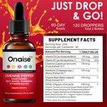 ONAISE Cayenne Pepper drops supplement showing organic hawthorn and beet root ingredients
