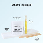 Parissa vegan hair removal kit content showcasing wax jar reusable strips and spatulas.