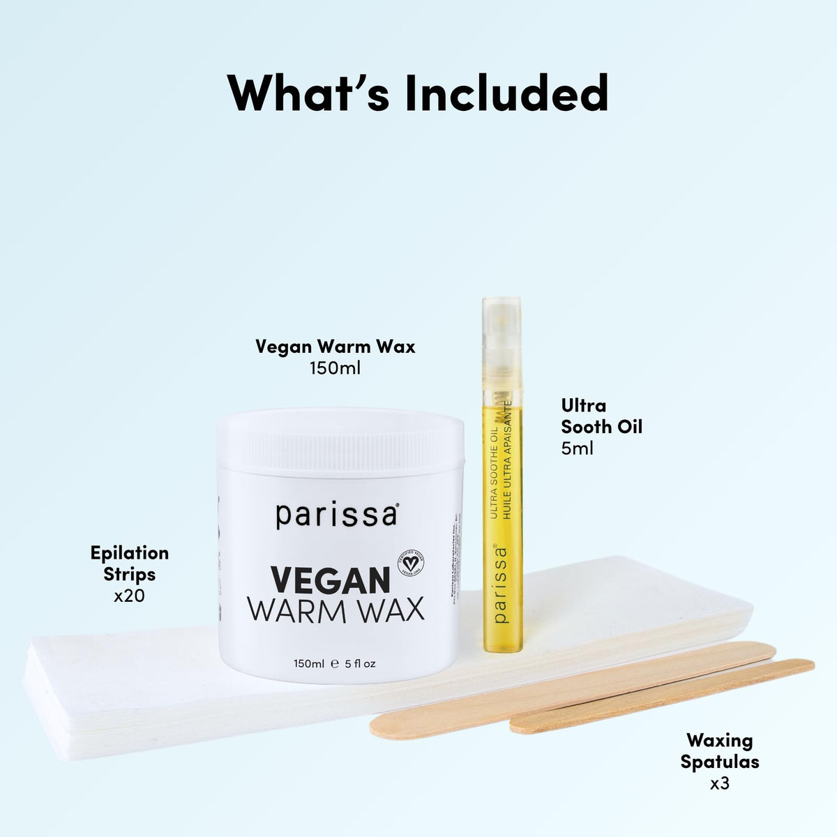 Parissa vegan hair removal kit content showcasing wax jar reusable strips and spatulas.