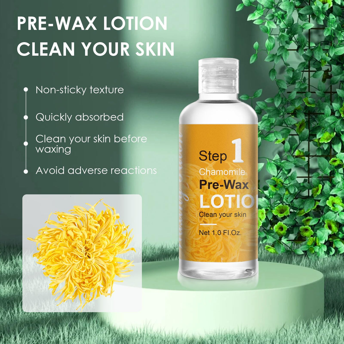 VUEYAA chamomile pre wax cleanser bottle for prepping skin before professional hair removal