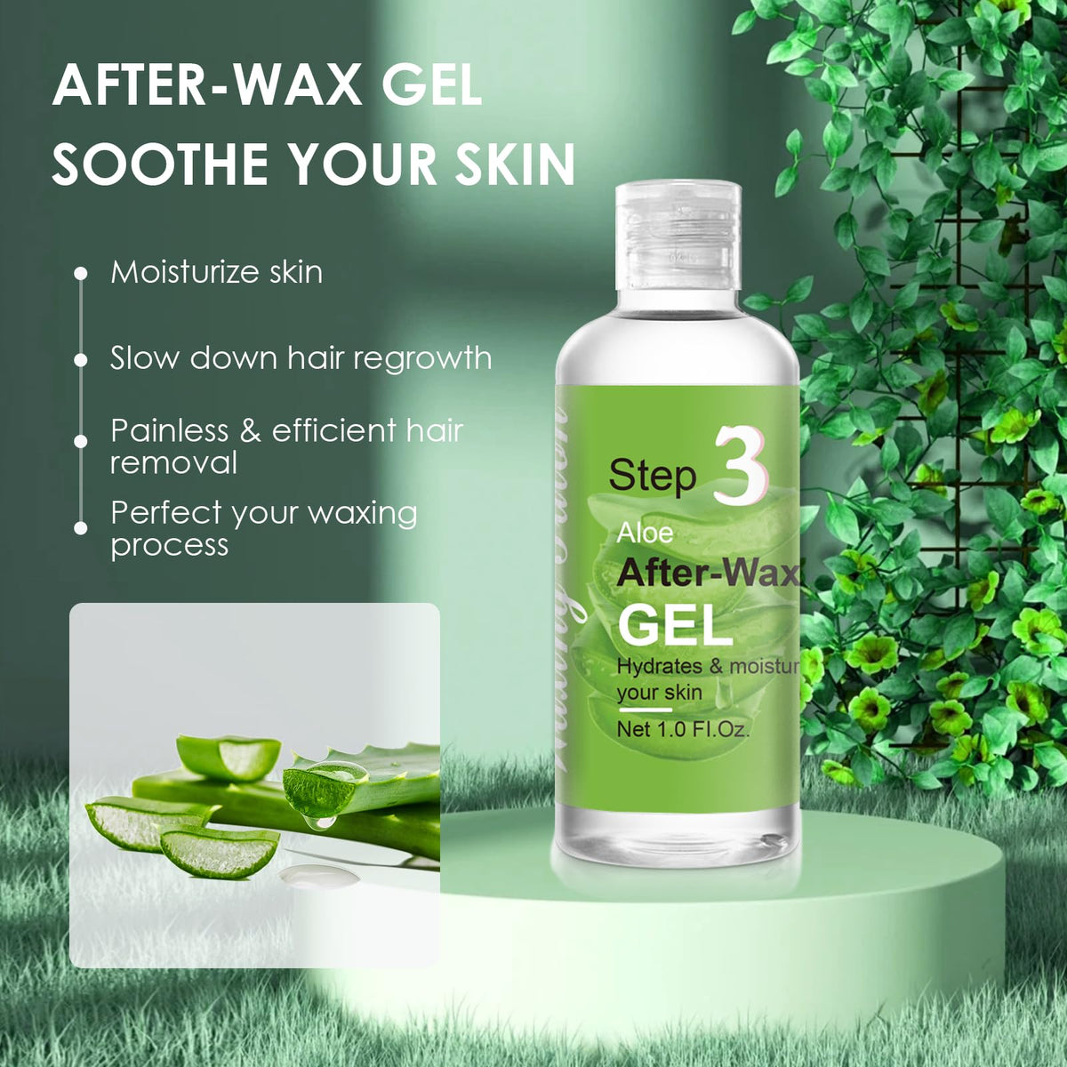 VUEYAA cooling aloe vera gel bottle for soothing redness and calming post wax skin irritation