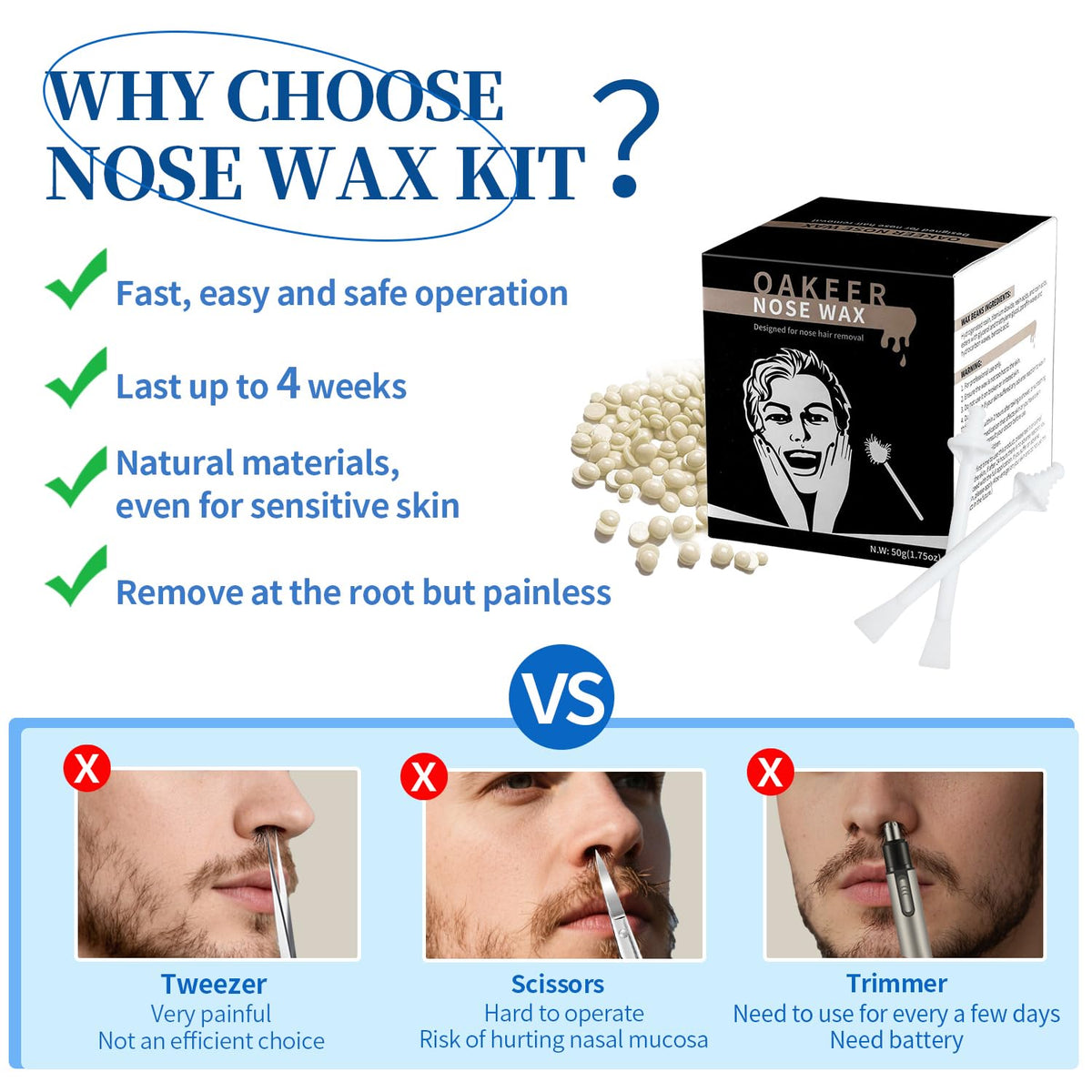 Oakeer facial hair grooming wax kit with natural honey wax beads and safety sticks displayed.