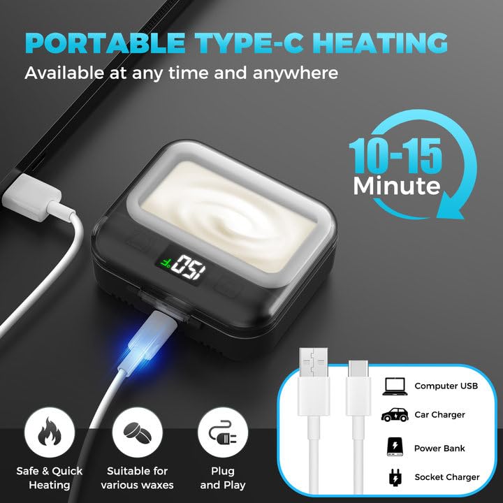 FullWoyi black pocket-sized wax warmer demonstrating smart constant temperature control interface
