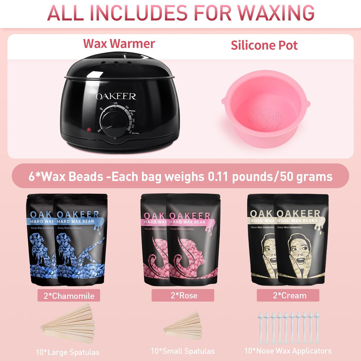 Oakeer home waxing kit showcasing six bags of hard wax beans and wooden spatulas.