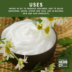 Premium whole chamomile flowers poured out of the bulk pouch demonstrating product texture