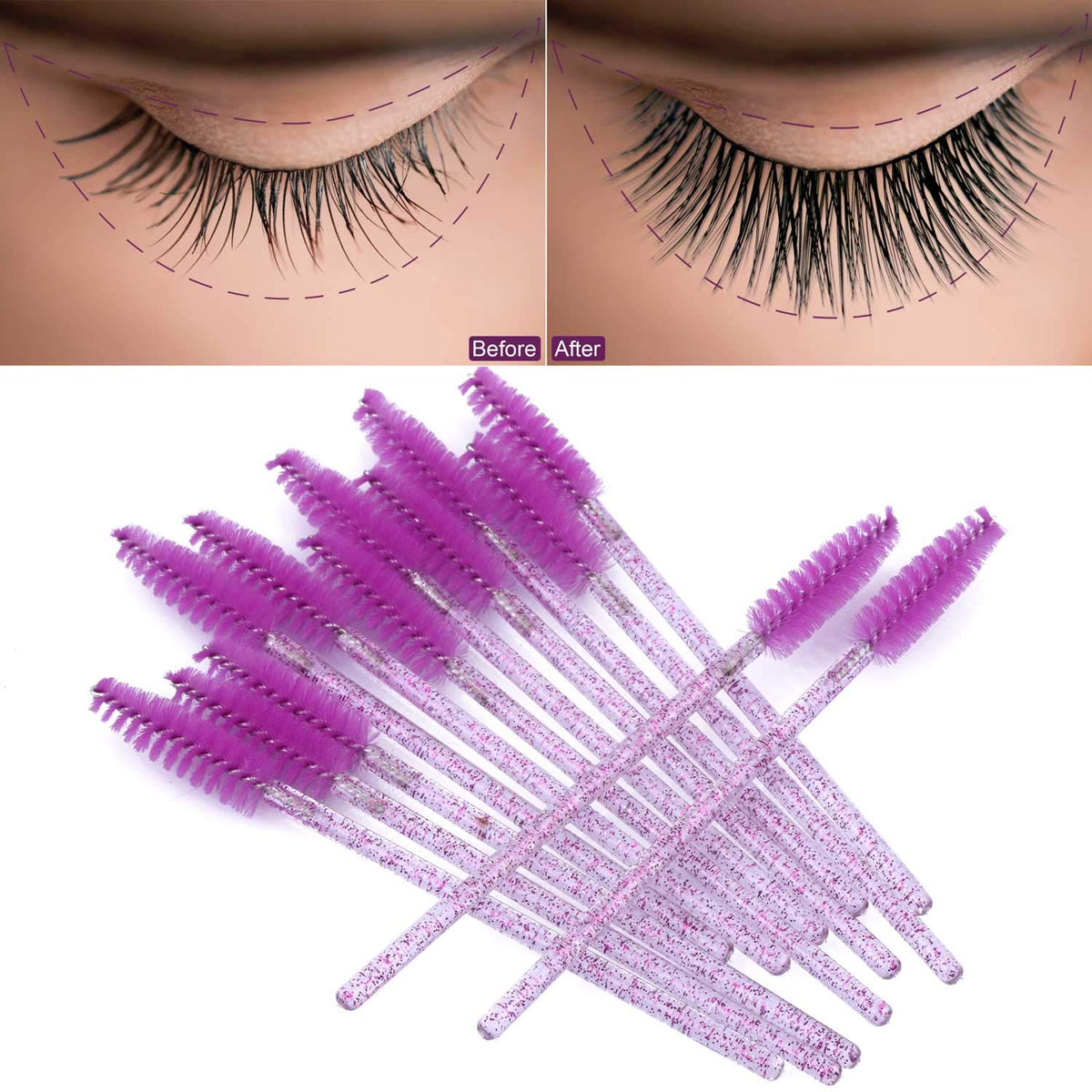 Close up of synthetic bristles on disposable eyelash brushes