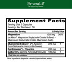 Emerald Labs Cerebral Calm supplement facts panel highlighting GABA and Suntheanine L-Theanine dosages.