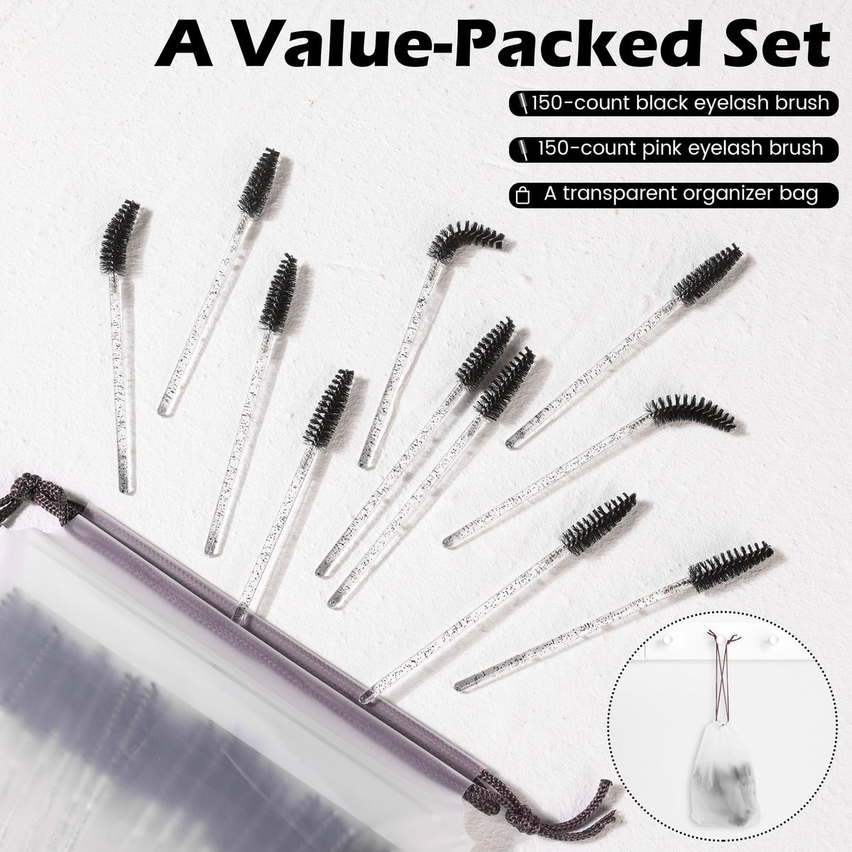 Disposable eyelash brush wands with crystal handles and pink bristles