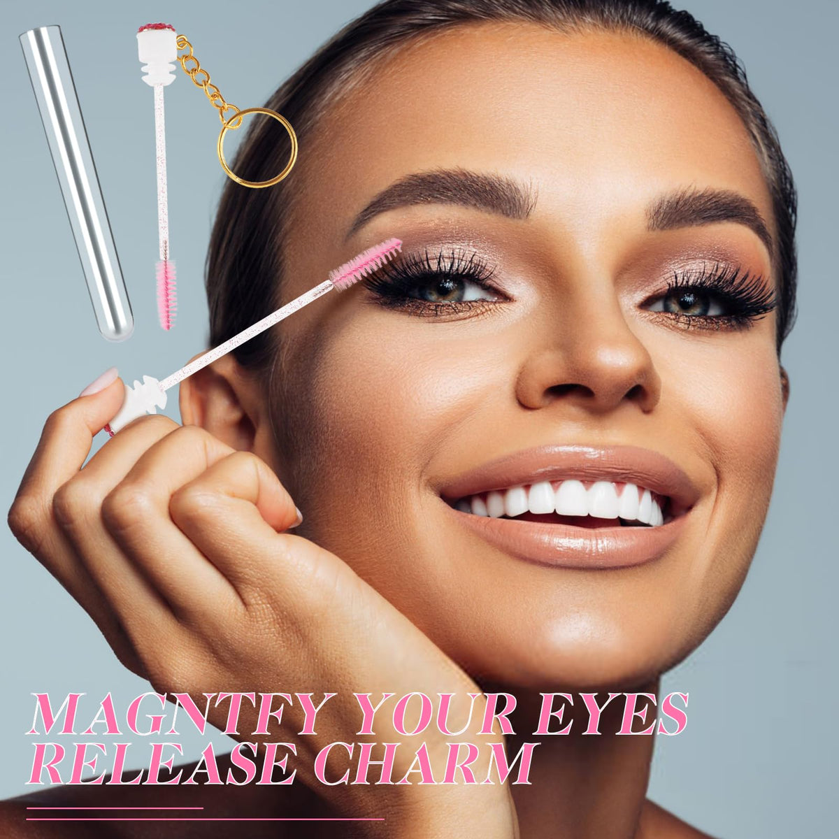 Portable pink diamond tube with gold keychain for beauty tools