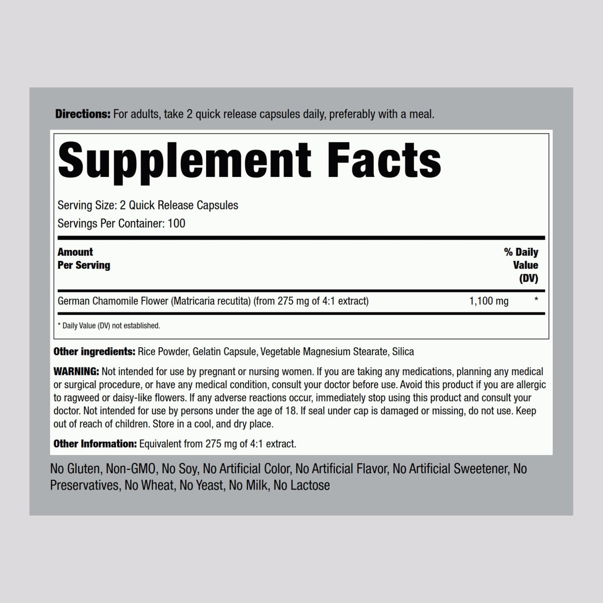Piping Rock Chamomile Concentrated Extract bottle side view showing supplement facts and ingredient layout.