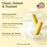 Side view of non-GMO vegan joint and sleep support capsules bottle with quality standards symbols
