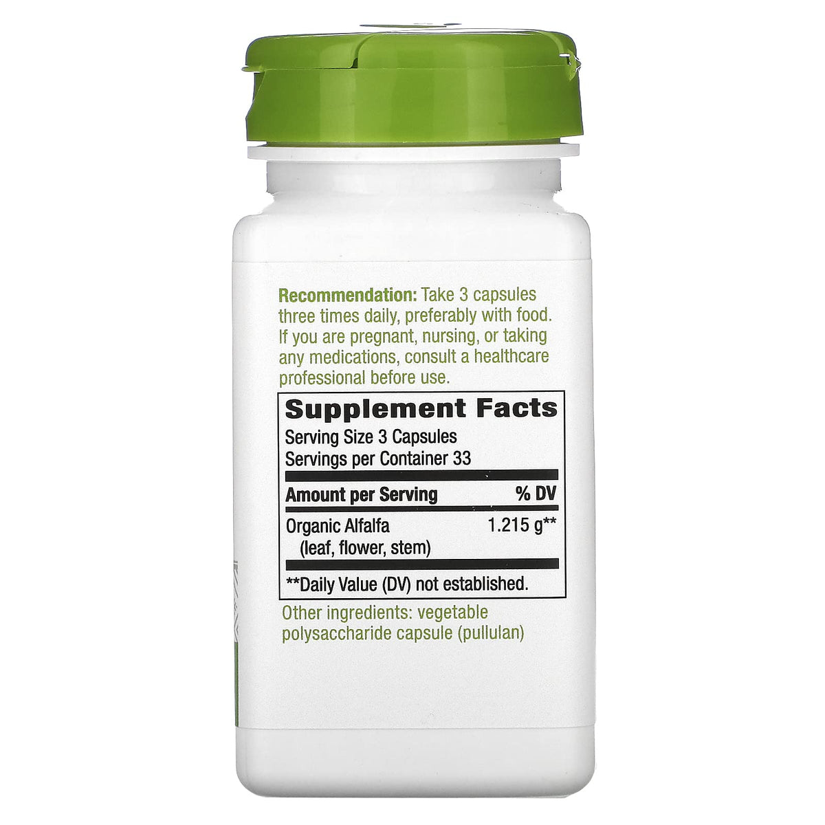 Nature's Way Alfalfa dietary supplement vegan capsules bottle label detail