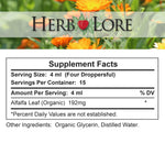 Certified organic alfalfa leaf tincture bottle