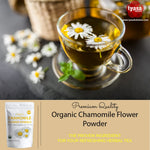 Hot cup of freshly brewed herbal tea made from dissolved organic chamomile flower powder.
