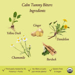 Back label of Urban Moonshine Calm Tummy Bitters showing certified organic ingredients and usage instructions