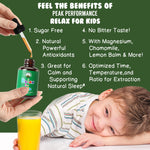 Peak Performance Kids Calm Drops back label showing magnesium and chamomile ingredients