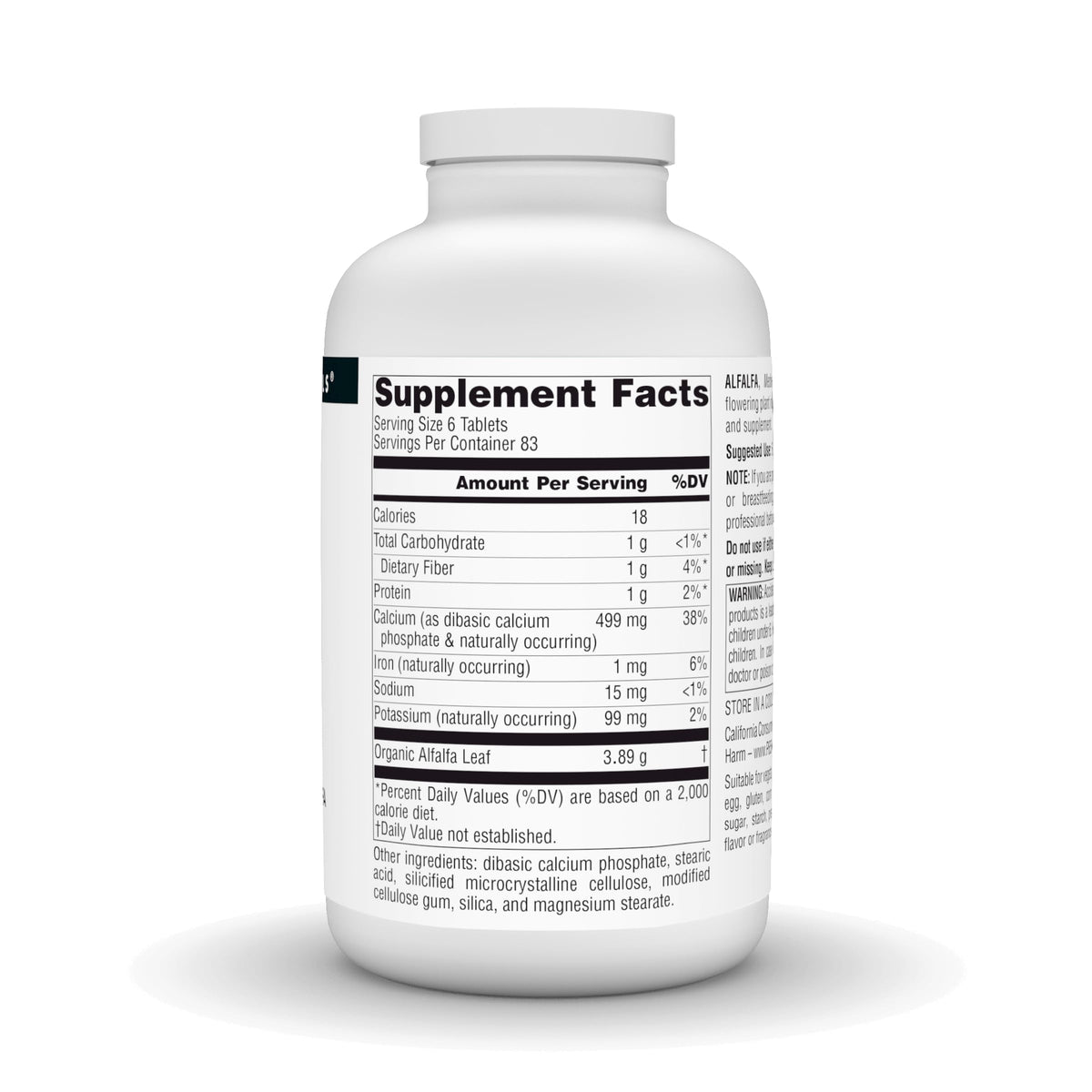 Back of Source Naturals Alfalfa 500 tablets bottle showing ingredients