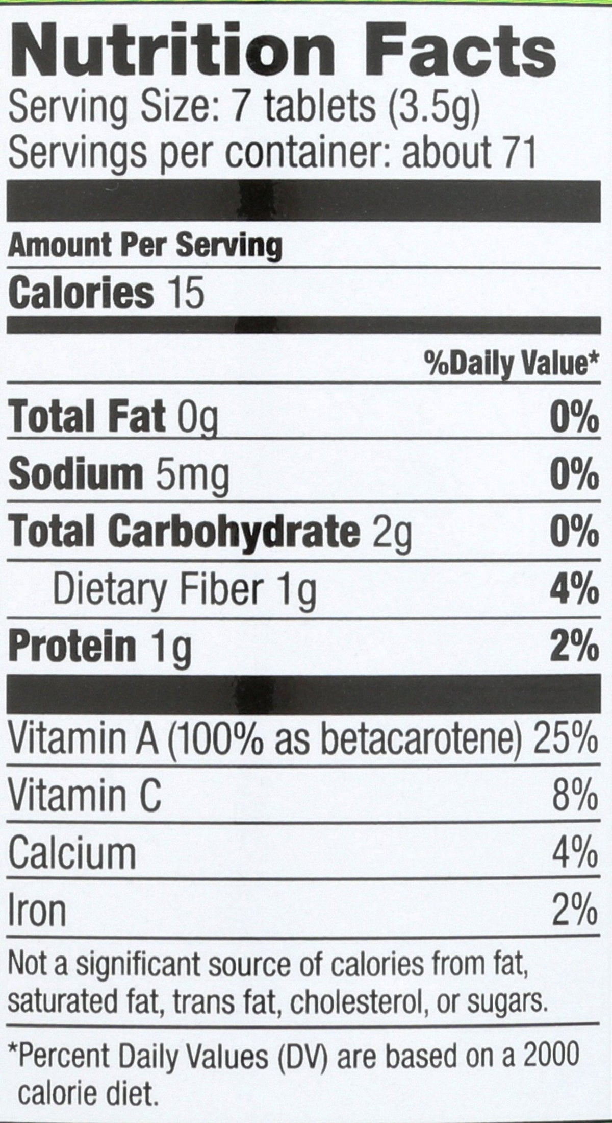 Back of Pines International Alfalfa bottle showing ingredients