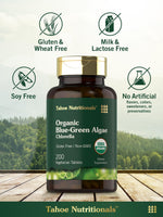 Close up of Carlyle Chlorella blue-green algae bottle