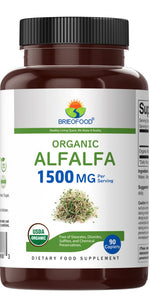 Brieofood Organic Alfalfa supplement bottle showing dietary facts and 1500mg serving size details.