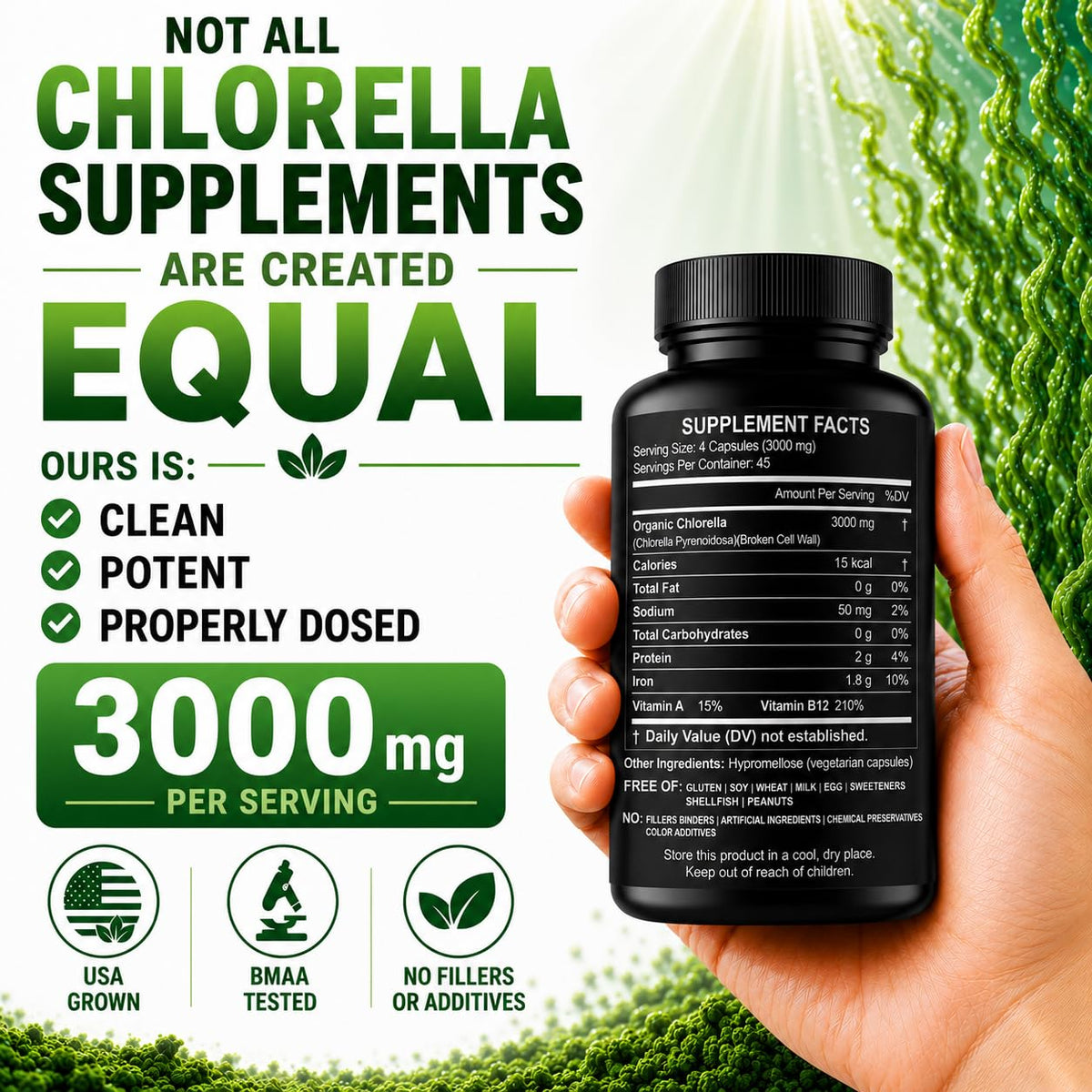 Close up of Herbal Code Labs Chlorella veggie capsules