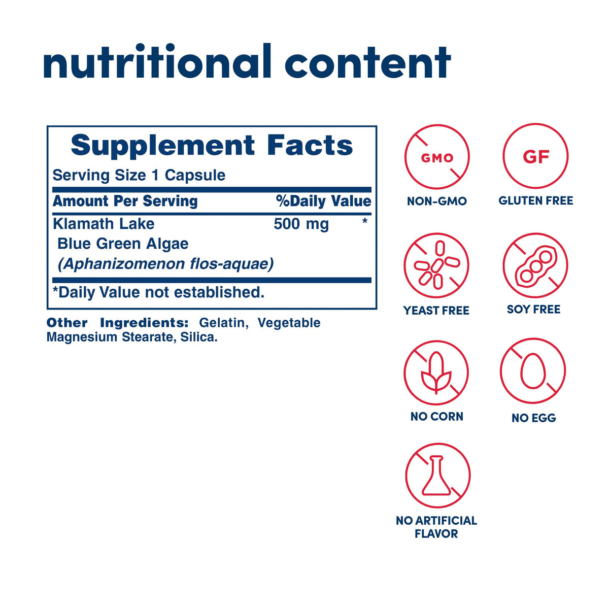 Close up of American Health blue green algae 500mg capsule label